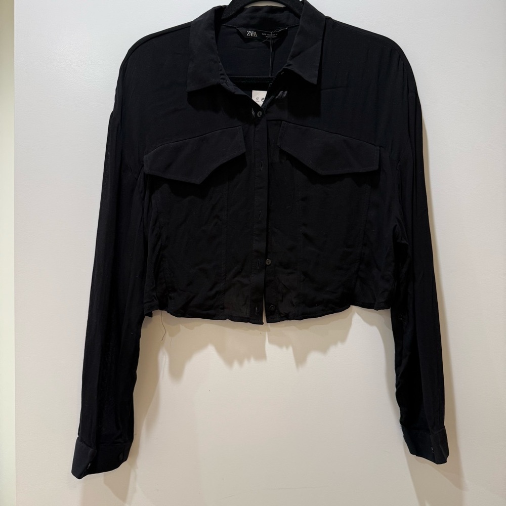 NWT Zara Black Sheer Button-Up Cropped Shirt
